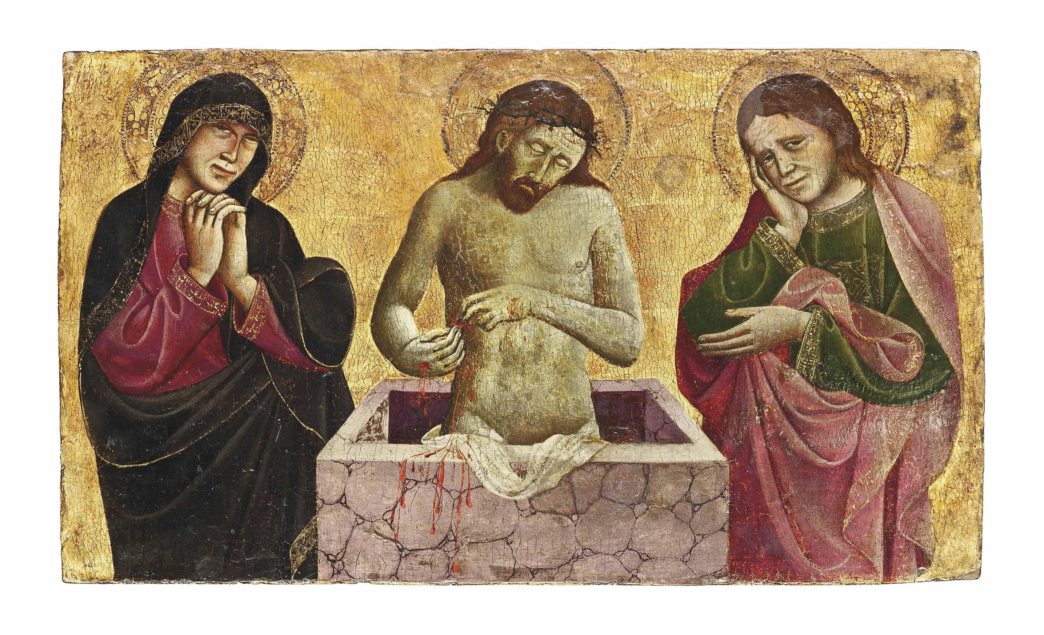 Michele di Matteo da Bologna - Christ as the Man of Sorrows, flanked by the Madonna and Saint John the Evangelist