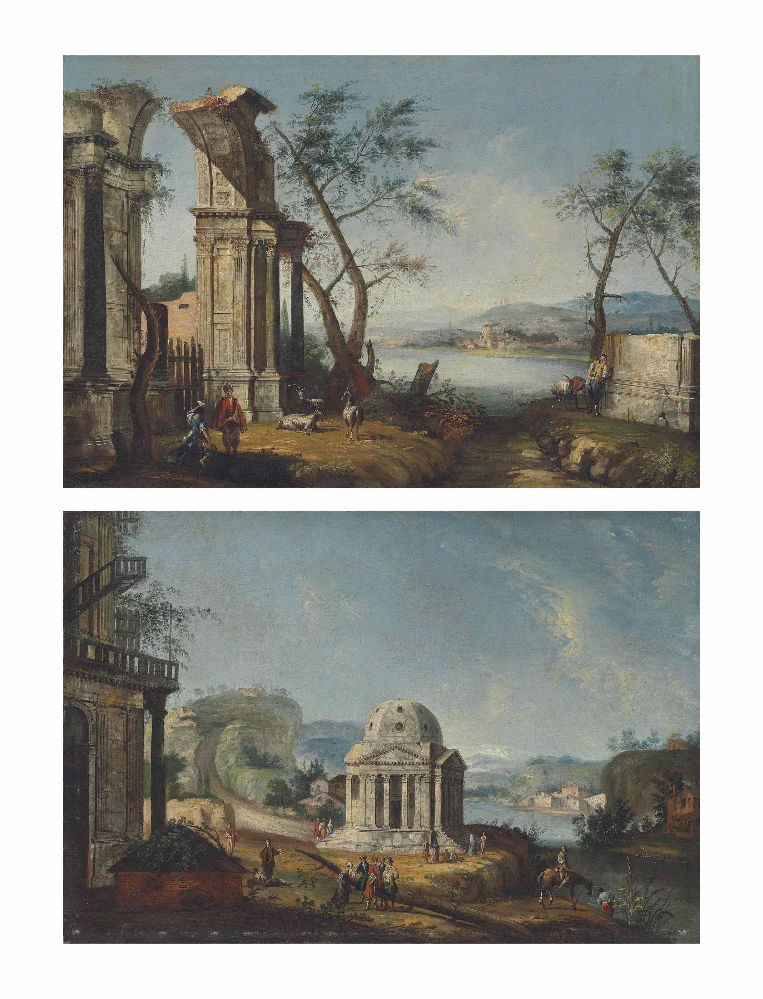 Michele Giovanni Marieschi - A  capriccio  of classical ruins with travellers and goats by a river, a town beyond; and An architectural  capriccio  with a temple and elegantly dressed figures by a river