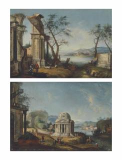 Michele Giovanni Marieschi - A  capriccio  of classical ruins with travellers and goats by a river, a town beyond; and An architectural  capriccio  with a temple and elegantly dressed figures by a river