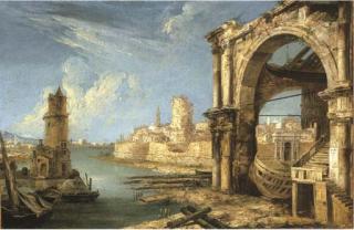 Michele Giovanni Marieschi - A capriccio of Roman buildings with a shipyard by a lagoon