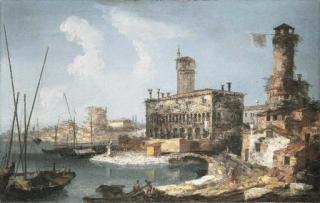 Michele Marieschi - A capriccio landscape with a medieval palace and a tower