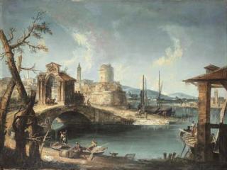 Michele Marieschi - A capriccio of a Mediterranean coastal town with fishermen by a bridge