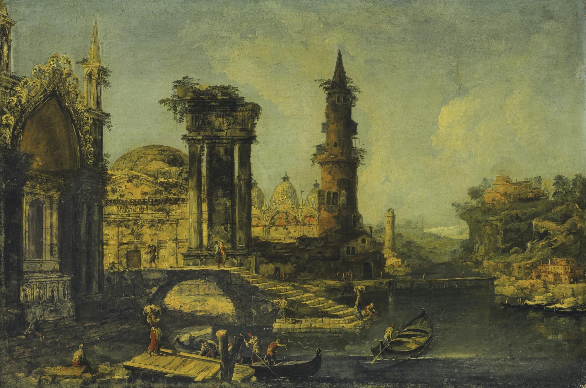Michele Marieschi - A Capriccio Of An Imagined Cityscape With Saint Mark\'S Basilica And Ruins On The Banks Of A River