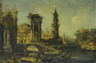 Michele Marieschi - A Capriccio Of An Imagined Cityscape With Saint Mark\'S Basilica And Ruins On The Banks Of A River
