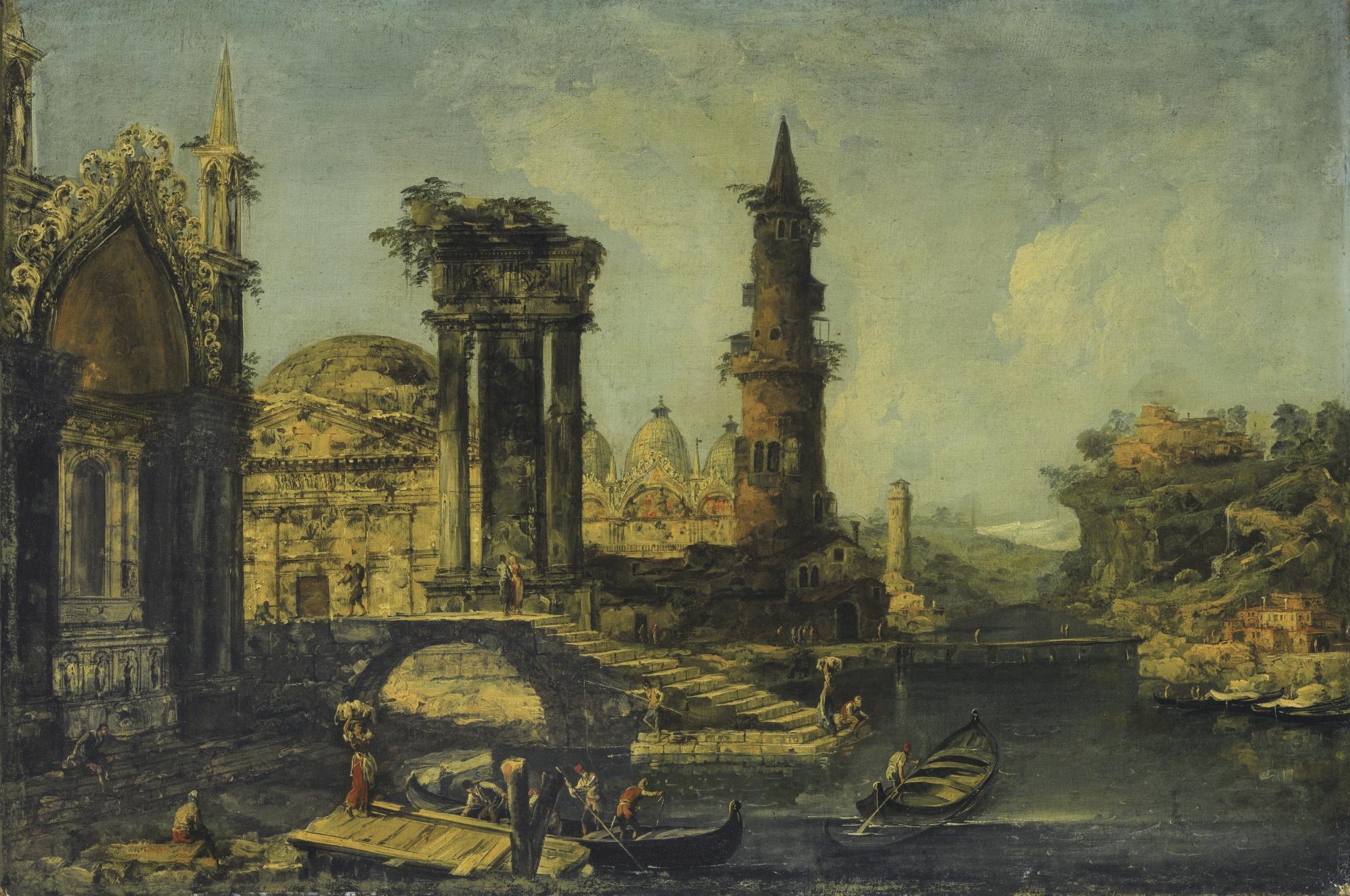 Michele Marieschi - A Capriccio Of An Imagined Cityscape With Saint Mark\'S Basilica And Ruins On The Banks Of A River