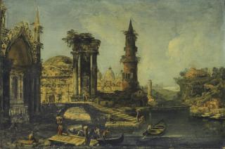 Michele Marieschi - A Capriccio Of An Imagined Cityscape With Saint Mark\'S Basilica And Ruins On The Banks Of A River