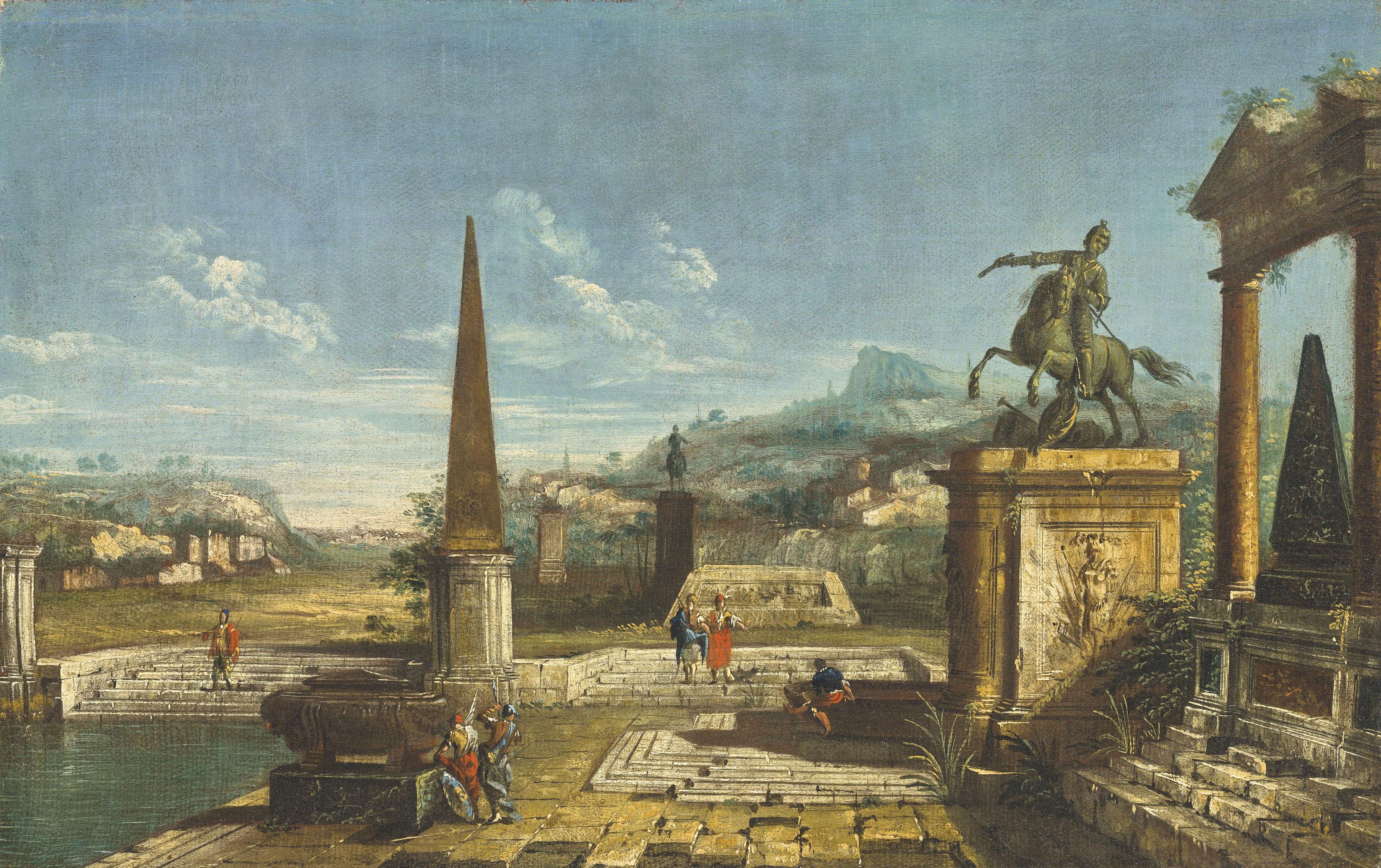 Michele Marieschi - A capriccio  with an equestrian statue and classical ruins