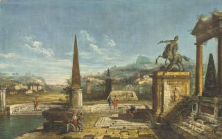 Michele Marieschi - A capriccio  with an equestrian statue and classical ruins
