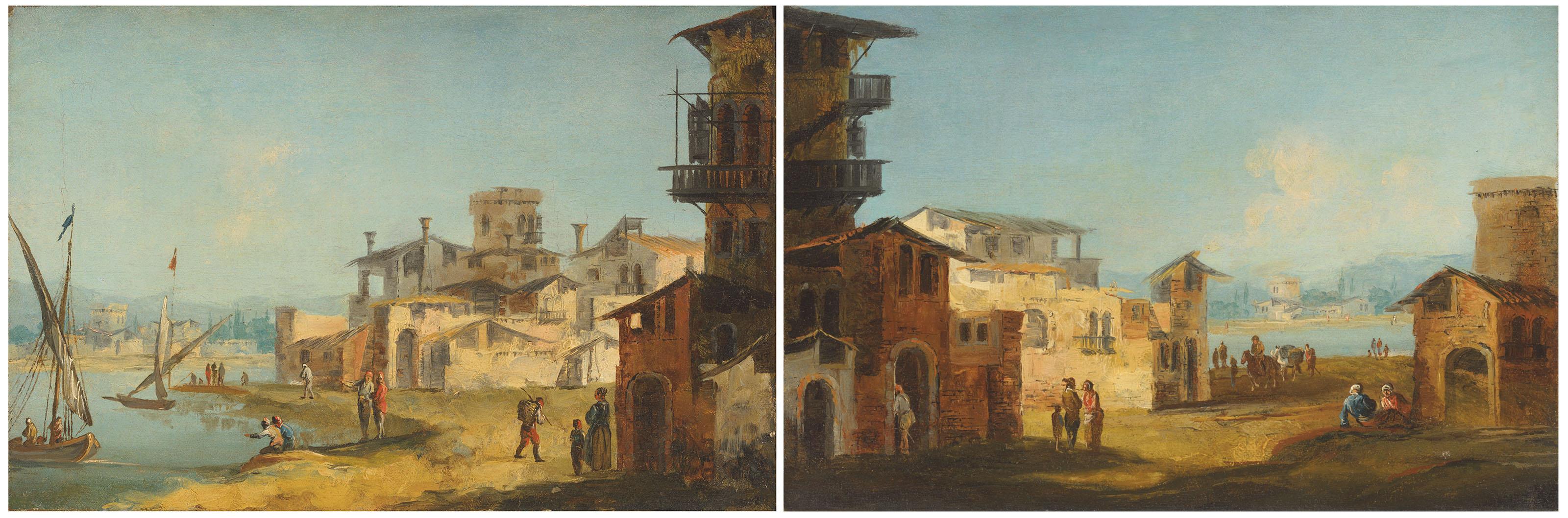 Michele Marieschi - A Capriccio With Peasants Resting Before Buildings, The Venetian Lagoon Beyond; And A Capriccio Of The Venetian Lagoon With Peasants Conversing And Resting On A Shore