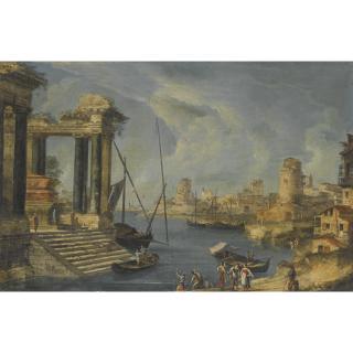 Michele Marieschi - An Architectural Capriccio Of The Venetian Lagoon With Washerwomen In The Foreground
