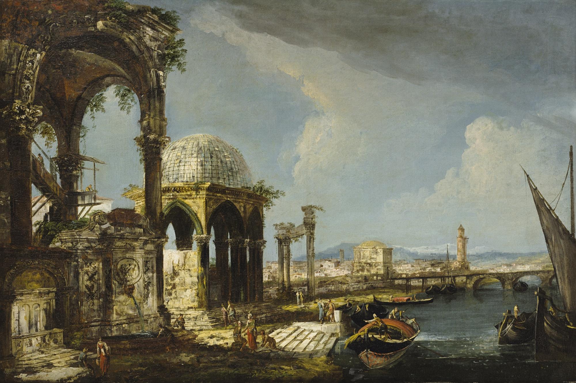 Michele Marieschi - An Architectural Capriccio With A River And A Gothic Temple