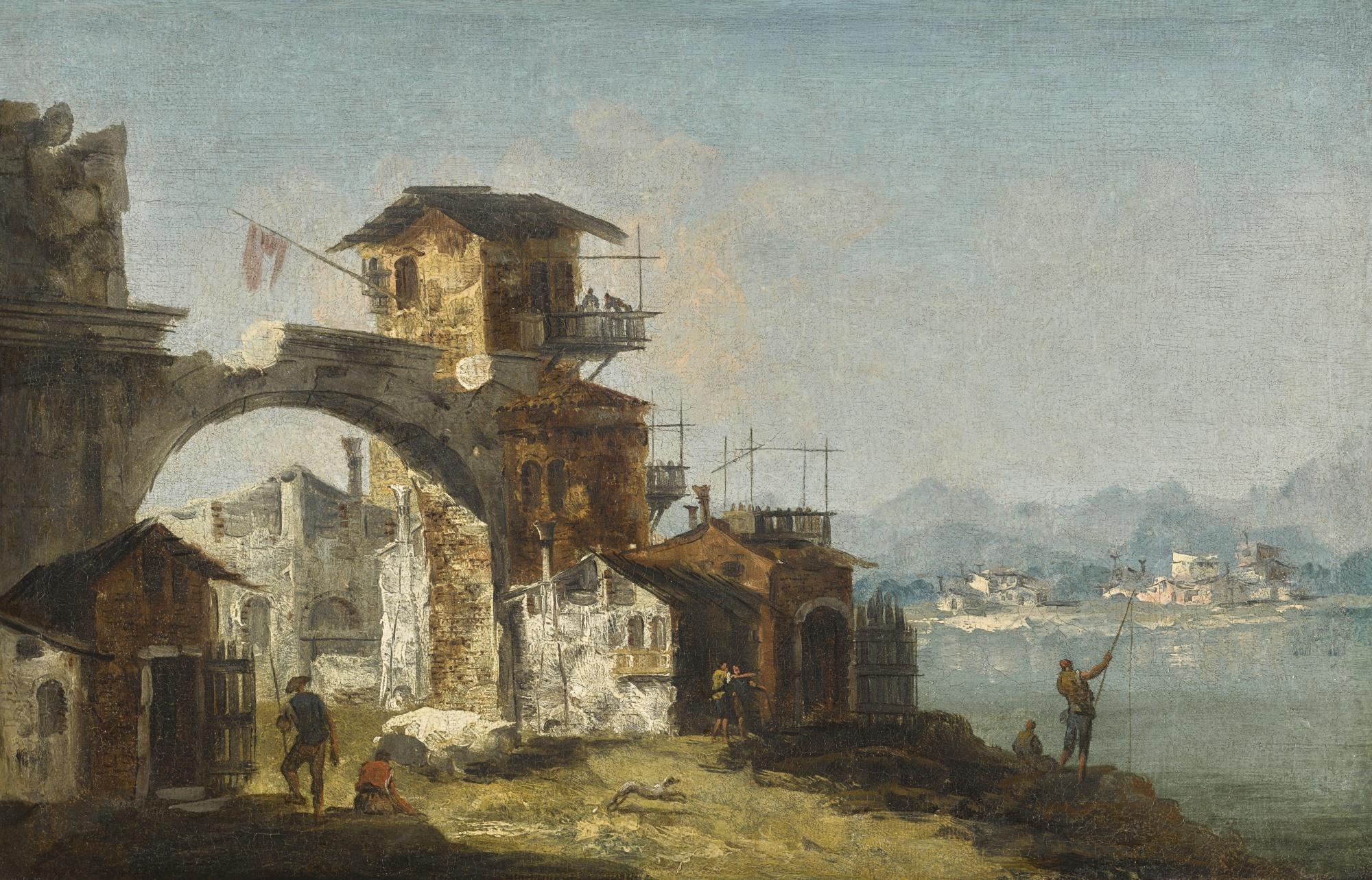 Michele Marieschi - An Architectural Capriccio With Figures Beside A River