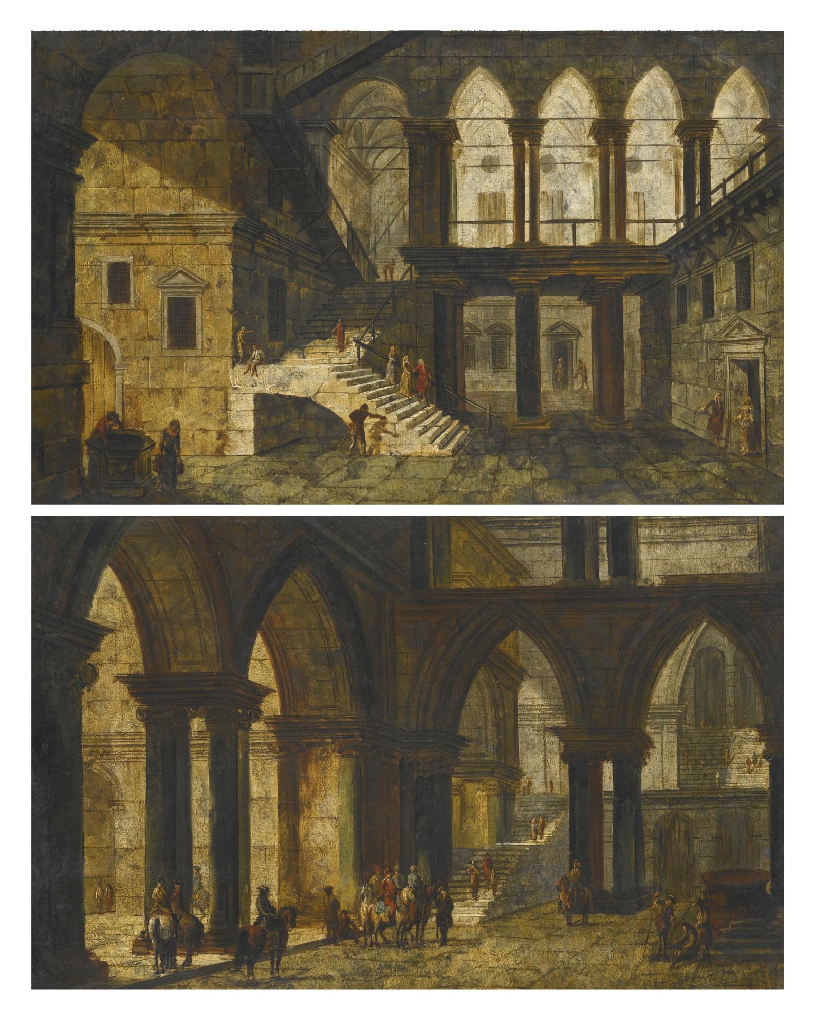 Michele Marieschi - Architectural Fantasy With A Staircase In A Courtyard;  Architectural Fantasy With Double Height Gothic Arches