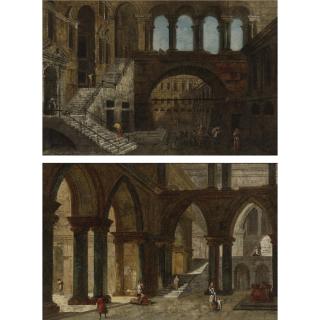 Michele Marieschi - Architectural Fantasy With Gothic Arches; Architectural Fantasy With A Staircase In An Open Courtyard