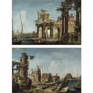Michele Marieschi - Capriccio Architettonico Con Porticato E Figure Su Imbarcazioni; Capriccio Architettonico Con Chiesa Palladiana Con Cupole E Torre