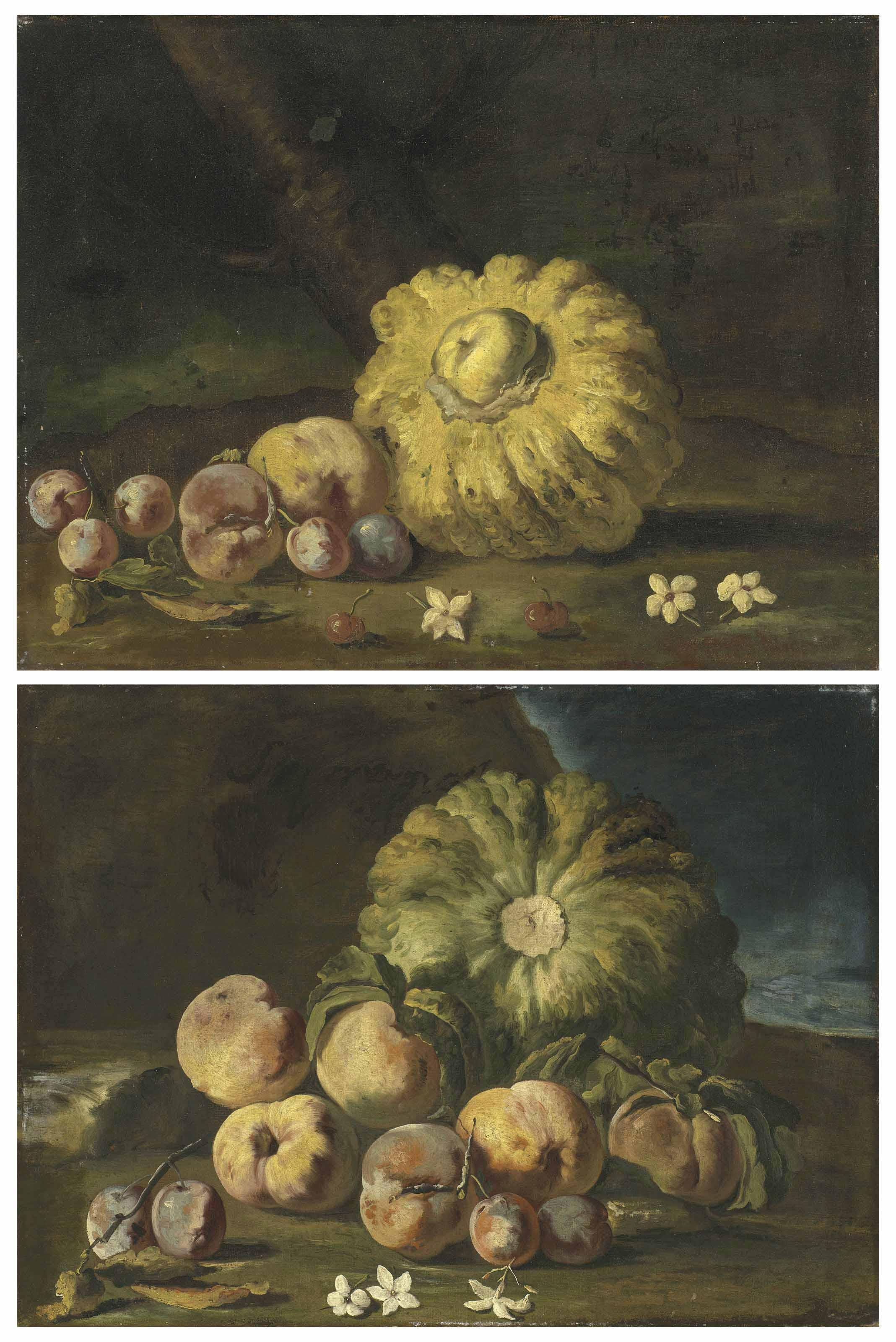 Michele Pace Del Campidoglio - Melons, Peaches And Plums; And A Melon, Peaches, Plums And Cherries, On A Forest Floor