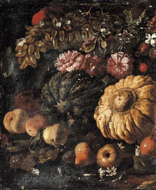 Michele Pace Del Campidoglio - Two pumpkins, grapes, peaches and pears, roses and other flowers in a landscape