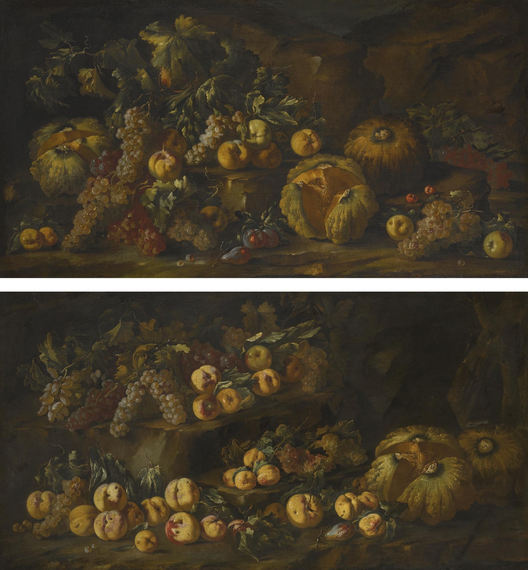 Michele Pace - A Pair Of Still Lifes With Fruit Strewn On A Forest Floor