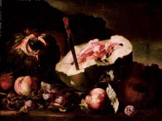 Michele Pace - A watermelon and a melon with peaches and plums in a landscape