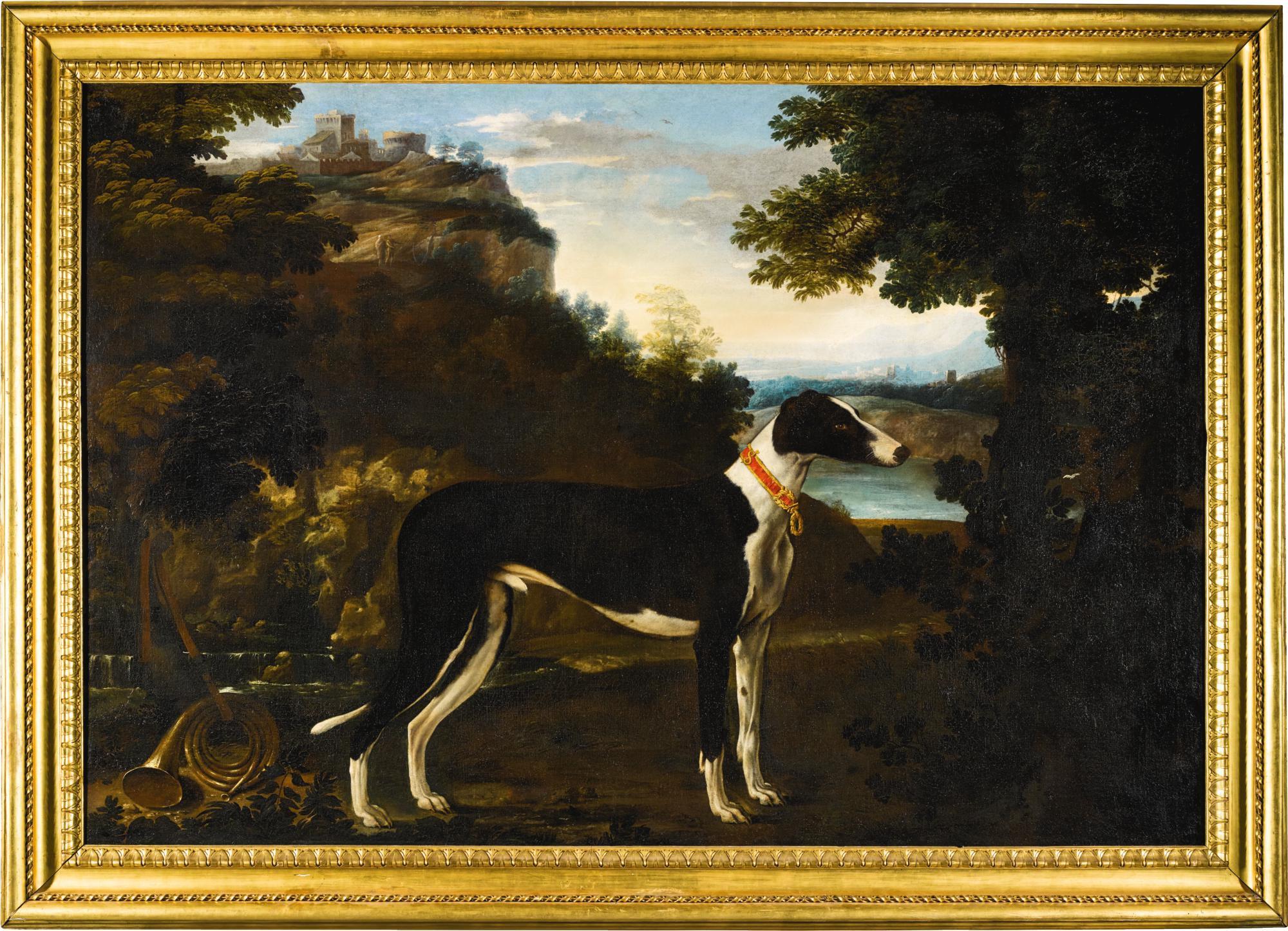 Michele Pace - Portrait of a black and white greyhound belonging to the Chigi family, standing in a mountainous landscape