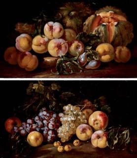 Michele Pace - Squash, peaches, plums and grapes on a stone; and Grapes, peaches and apricots on the ground