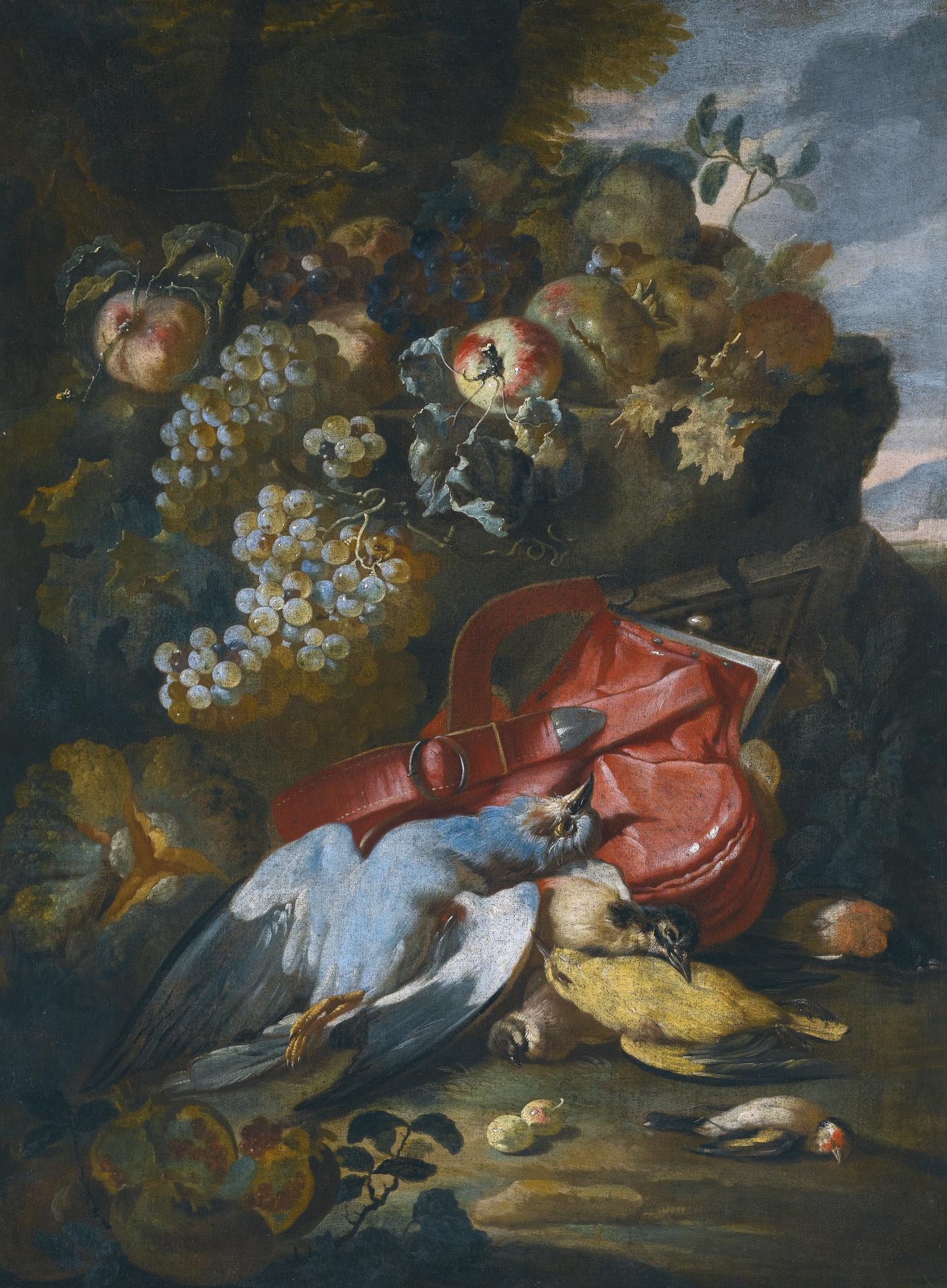 Michele Pace - Still Life With A Pigeon, A Great Spotted Woodpecker, A Goldfinch, And A Melon, Grapes And Other Fruit In A Landscape