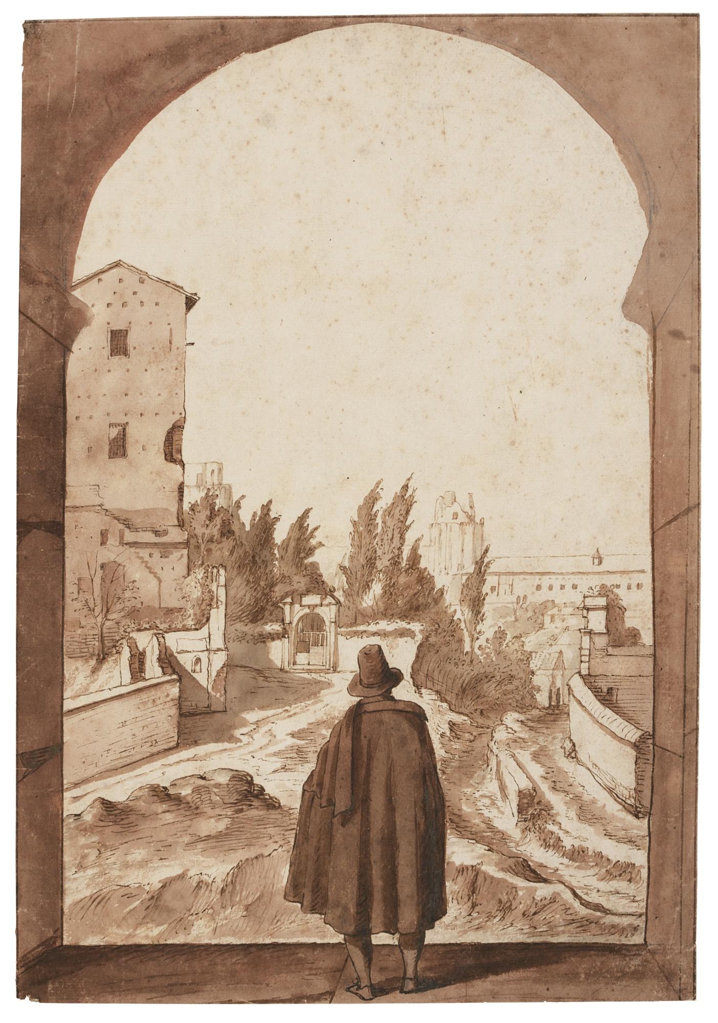Michele Pace - View Of The Torre Delle Milizie In Rome, With A Man Standing Under An Arch