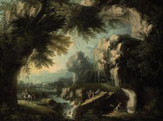 Michele Pagano - A classical landscape with a waterfall and figures