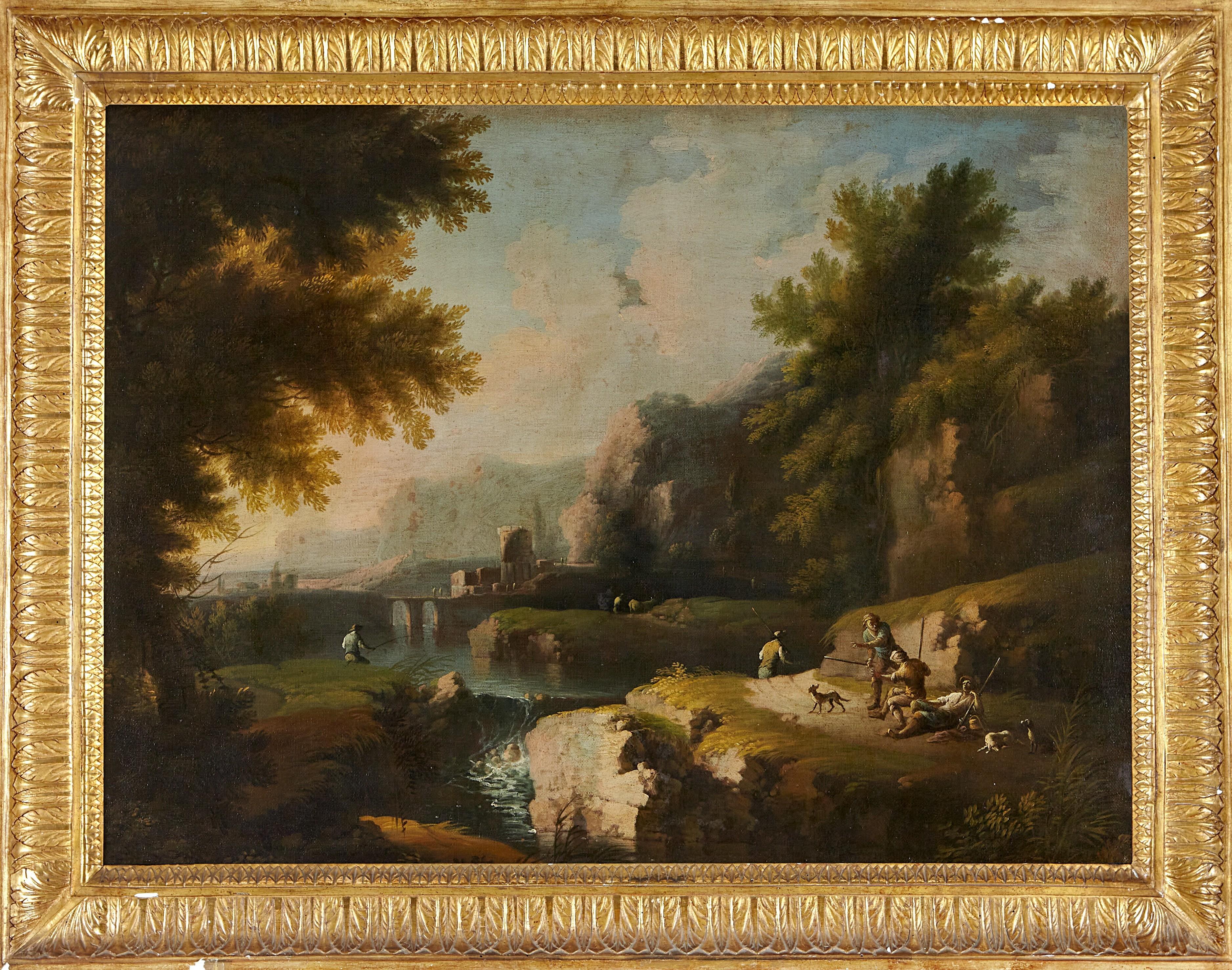 Michele Pagano - Landscape with ruins and shepherds near a river