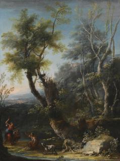 Michele Pagano - Wooded Landscape With Figures And A Dog In The Foreground, A Castle And City Beyond