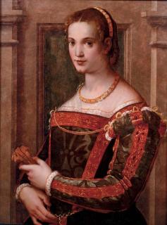 Michele Tosini - Portrait of a lady, half-length, in a green silk dress with gold trim, holding a glove