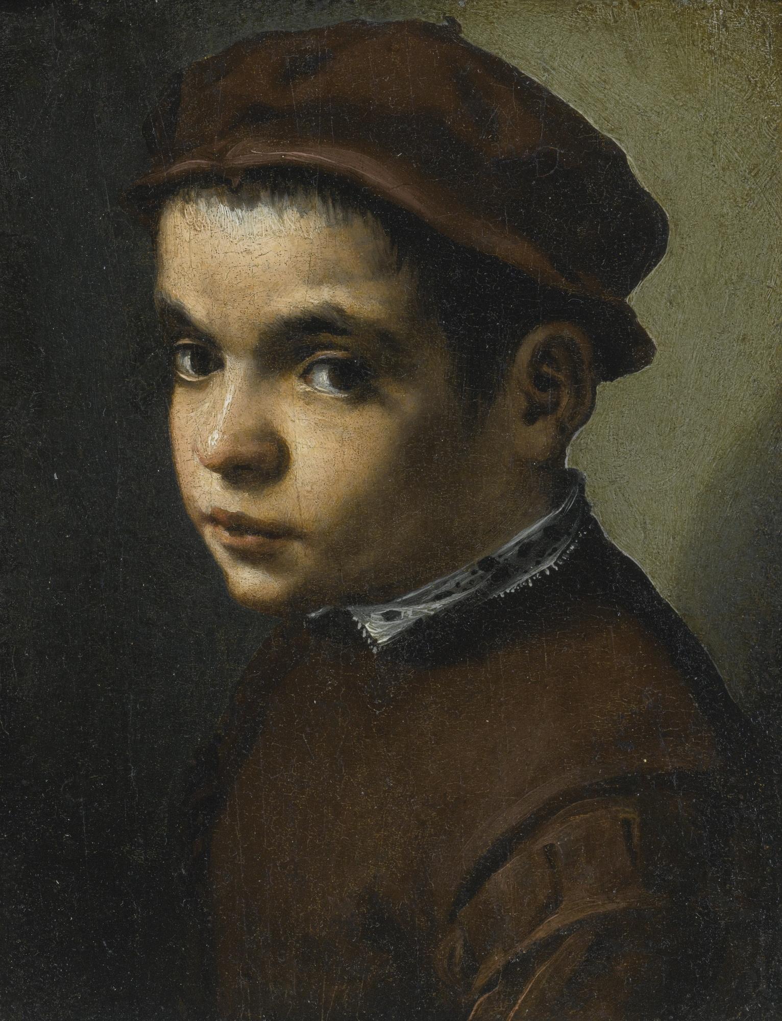 Michele Tosini - Portrait Of A Young Boy, Bust Length, Facing Left, Dressed In A Maroon Doublet And Cap