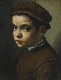 Michele Tosini - Portrait Of A Young Boy, Bust Length, Facing Left, Dressed In A Maroon Doublet And Cap