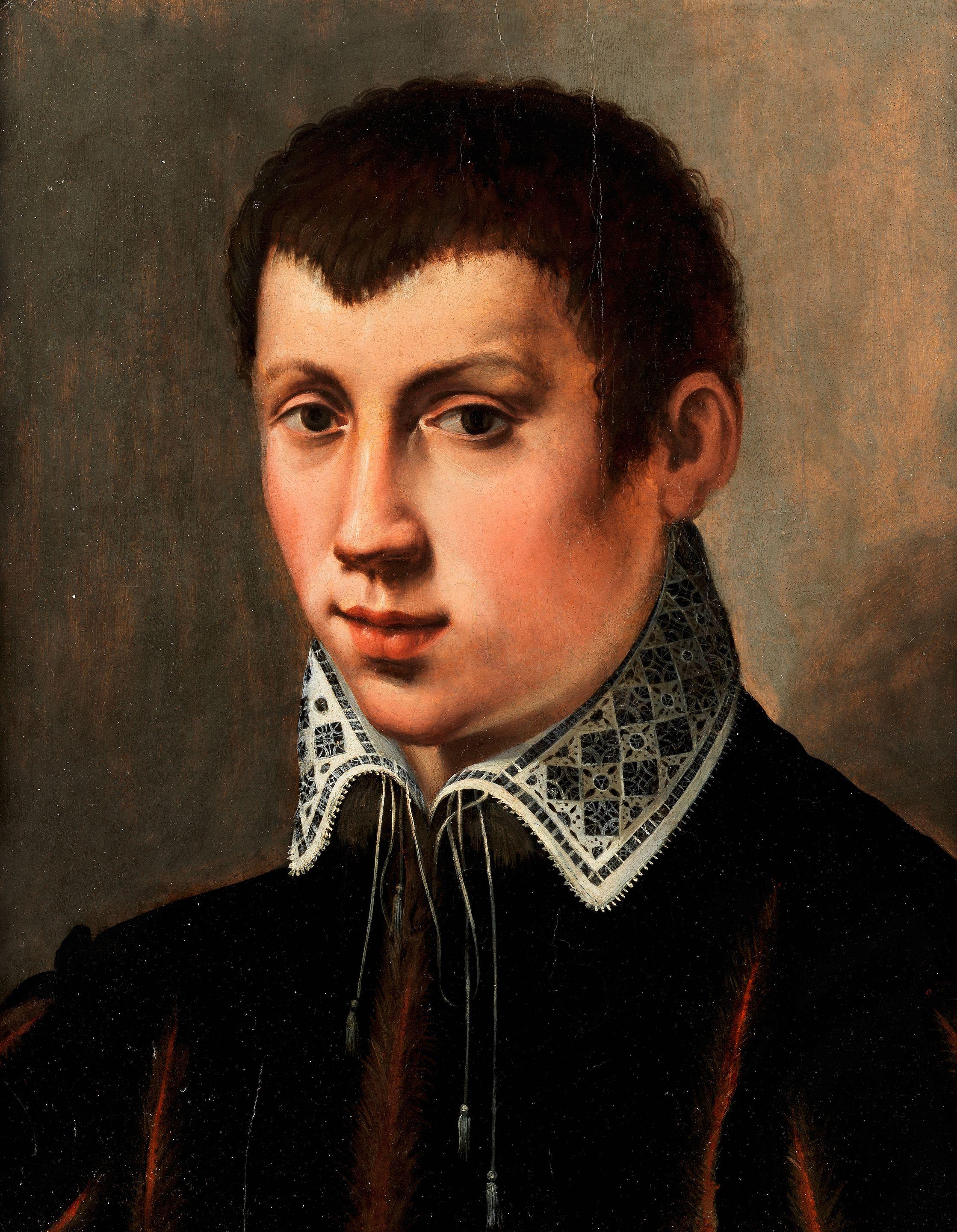Michele Tosini - Portrait of a young man, bust-length, in black costume with a white collar