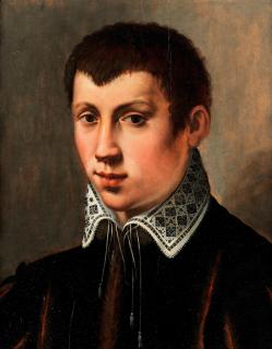 Michele Tosini - Portrait of a young man, bust-length, in black costume with a white collar