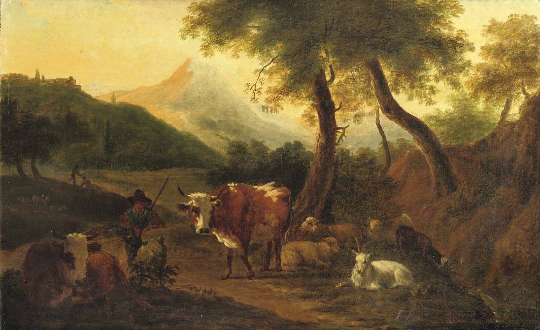 Michiel Carrée - A herdsman with his flock in a wooded Italianate landscape