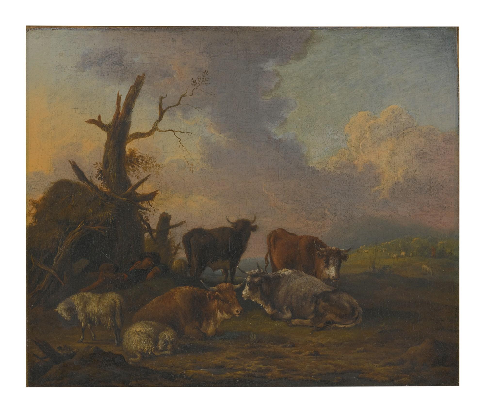 Michiel Carrée - A Landscape With Cows, Sheep And A Resting Herdsman