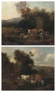 Michiel Carrée - A wooded landscape with a drover and her cattle at rest by classical ruins; and A wooded river landscape with a drover and his cattle watering