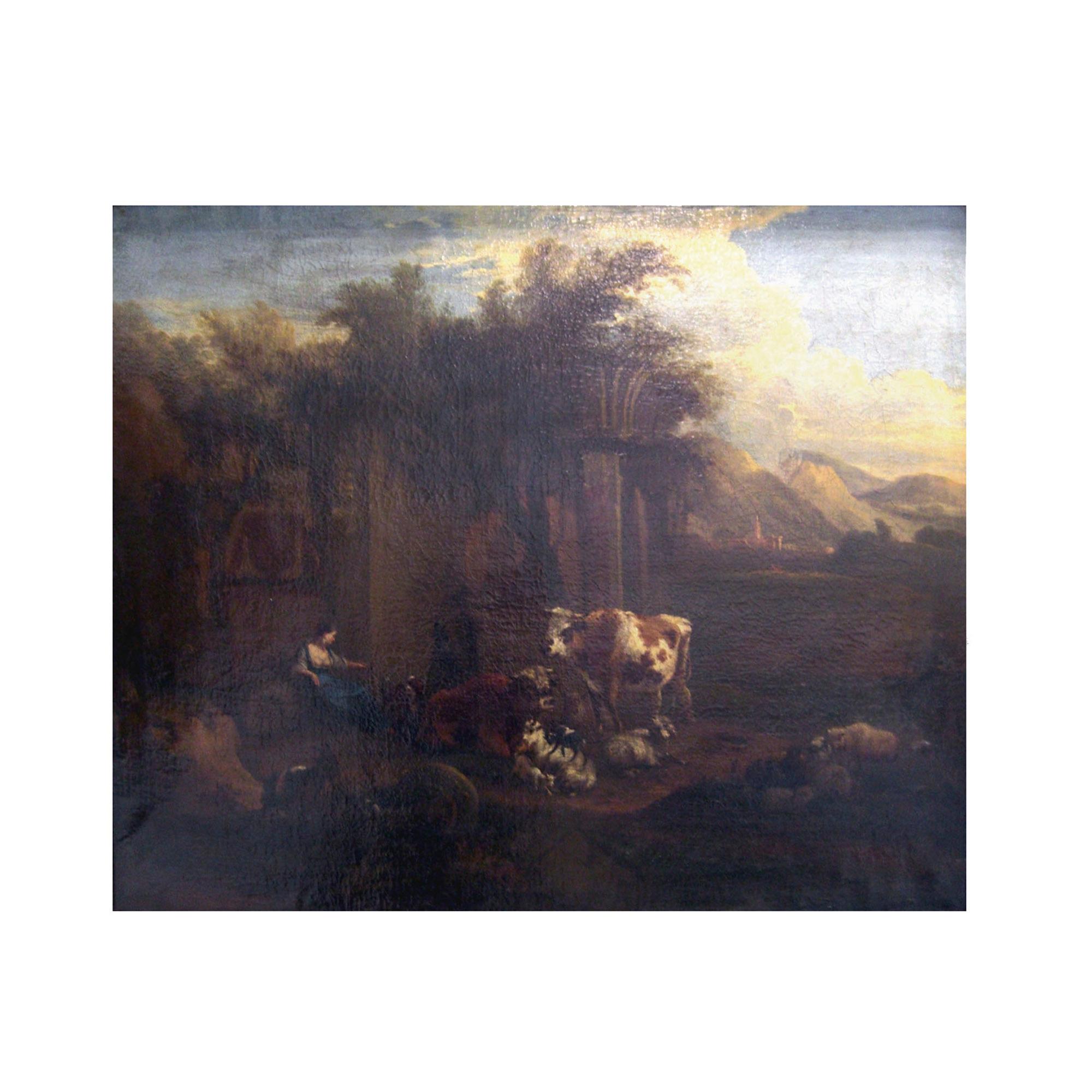 Michiel Carrée - An Italianate Landscape With Drovers And Their Animals Resting Before Classical Ruins