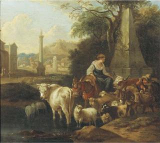 Michiel Carree - An Italianate Landscape With Shepherds And Their Cattle By A Fountain