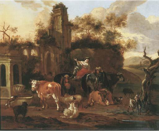 Michiel Carree - An Italianate landscape with shepherds and their cattle near a ruin