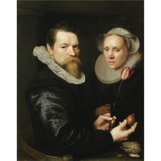 Michiel Jansz. van Mierevelt - A Double Portrait Of A Husband And Wife, Both Half-Length, He Holding A Tulip And A Bulb, A Selection Of Shells On The Shelf Below