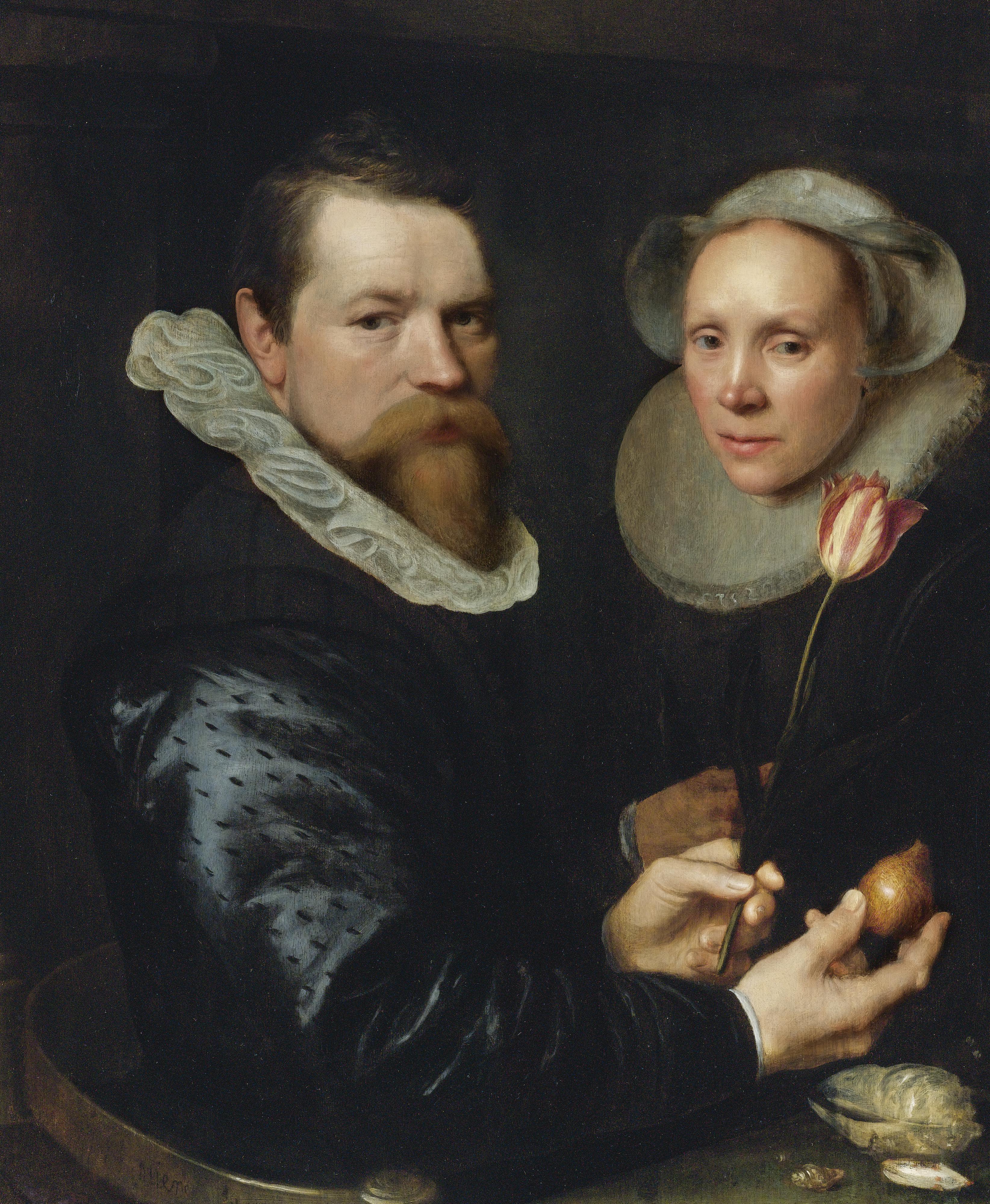 Michiel Jansz. Van Mierevelt - Double Portrait Of A Husband And Wife, He Holding A Tulip And Bulb, A Selection Of Shells On The Shelf Below