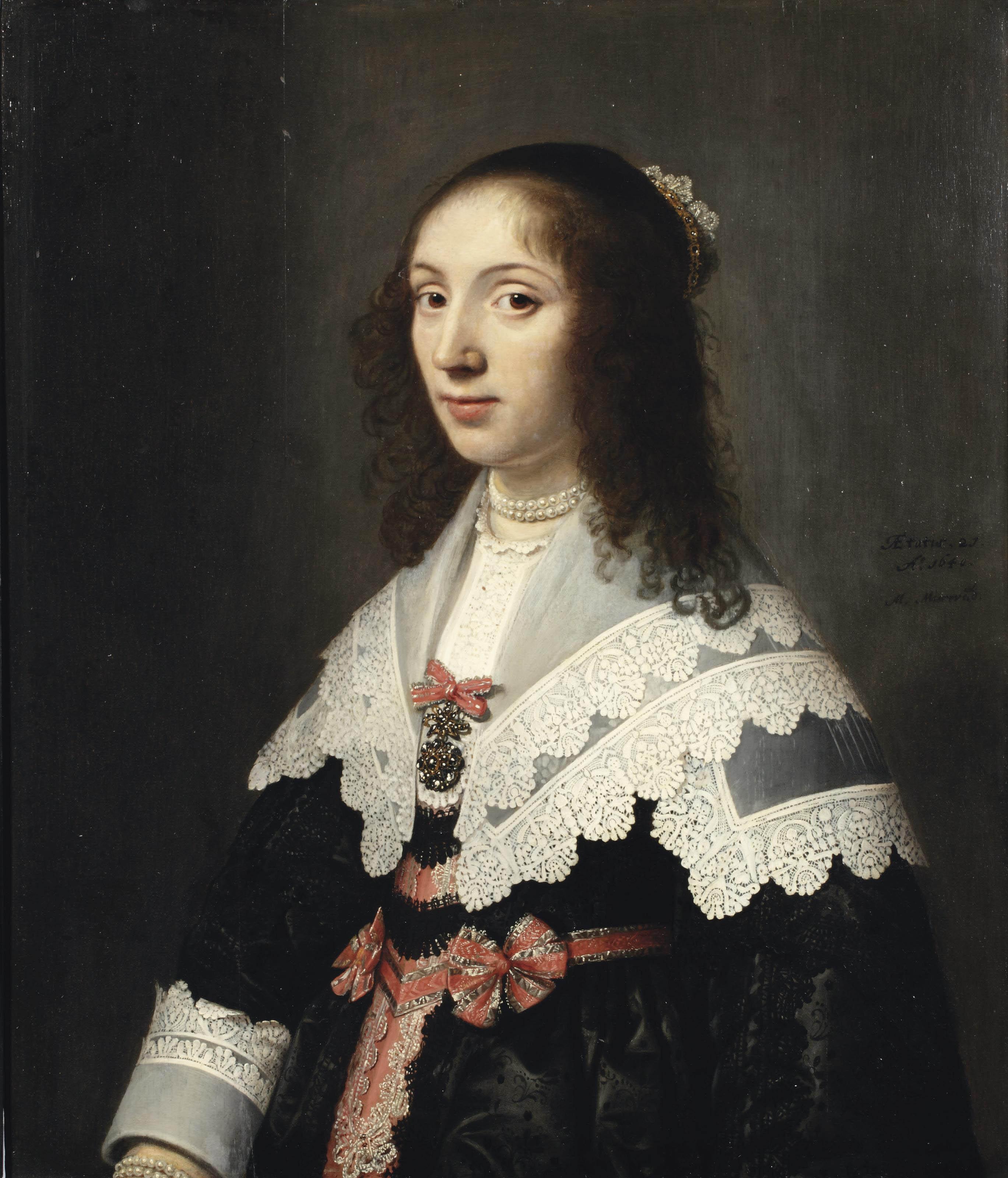 Michiel Jansz. van Mierevelt - Portrait of Agatha de Vlaming van Oudtshoorn (1619-1675), half-length, in an embroidered black dress with red and silver silk decorations, with a white lace collar and cuffs, a pearl necklace and a jewelled tiara