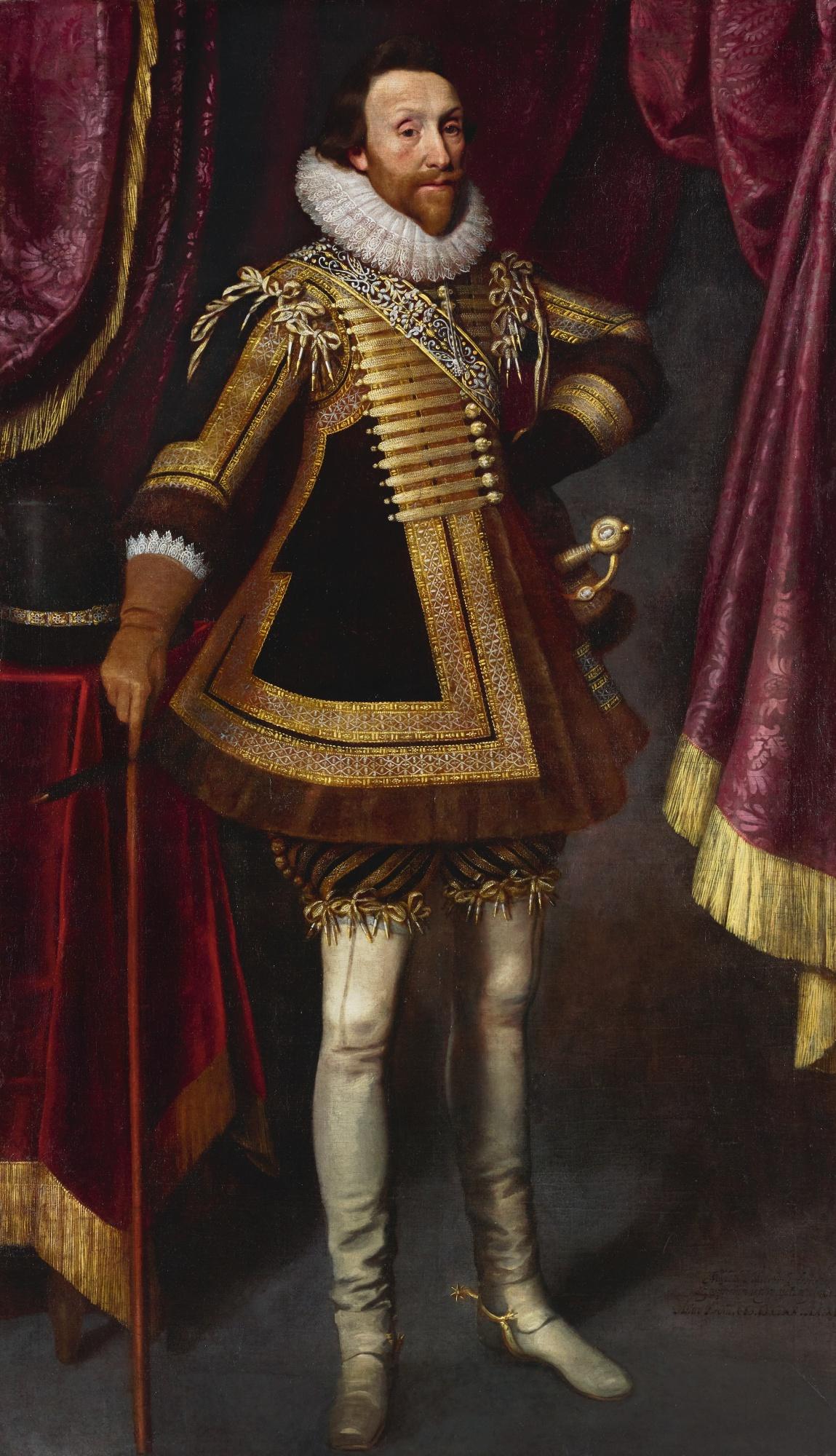 Michiel Jansz. Van Mierevelt - Portrait Of James Hay, 1St Earl Of Carlisle (1580–1636), Full-Length, Wearing An Embroidered Doublet, His Hat On A Table Beside Him