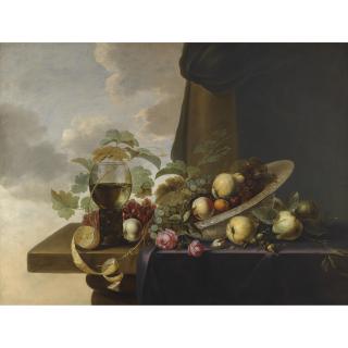 Michiel Simons - A Still Life With Grapes, Pears, A Peach And Roses In A Waanli Kraak Porcelain Bowl, With A Roemer And A Half-Peeled Lemon On A Partly Covered Table Top