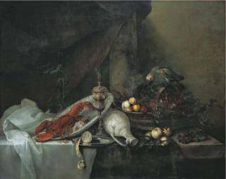 Michiel Simons - Homard, Perroquet, Panier de Fruits Et Divers Objets Sur Un Rebord En Pierre