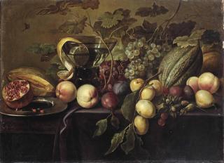 Michiel Simons - Plums, peaches, grapes, melons, a half pomegranate, and a peeled lemon in a glass, all on a partially draped table