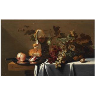 Michiel Simons - Still Life With Blue And White Grapes, Chestnuts, A Loaf Of Bread, Peaches And A Knife On A Pewter Plate, With A Peeled Lemon In A Roemer, All Arranged On A Partly Draped Table