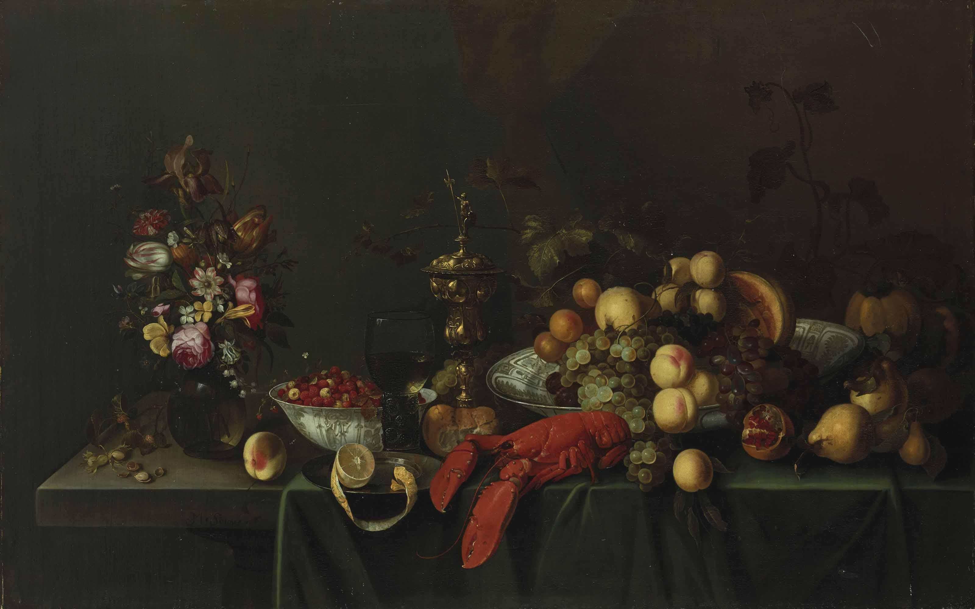 Michiel Simons - Still Life With Flowers, Fruits And Lobster